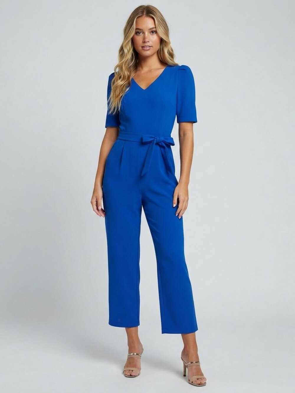 DKNY Women's Cobalt Blue V-Neck Short Sleeve Crop Jumpsuit Size 12 39911